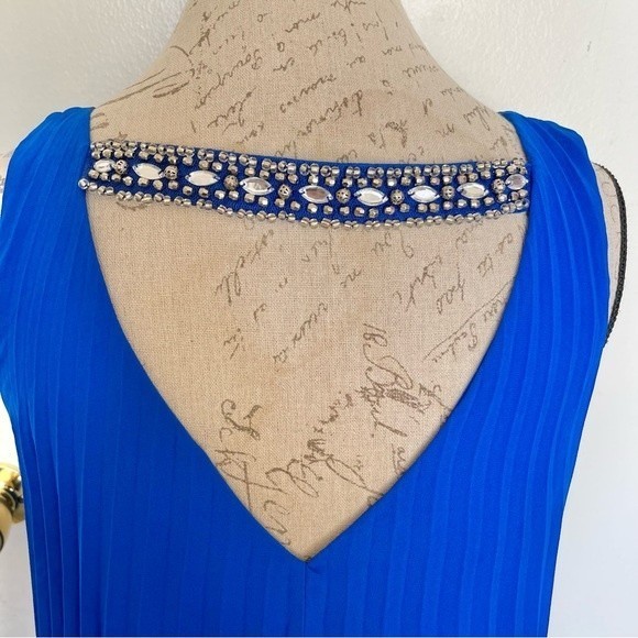 Sequin Hearts Blue Dress Prom Formal Holiday Accordion Shift Rhinestones Medium - Picture 6 of 12